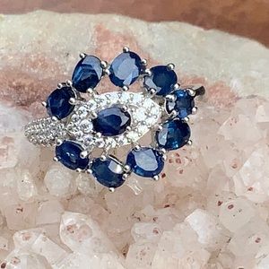 KANCHANABURI SAPPHIRE & CZ 925 STERLING SILVER RING, SIZE 6.5